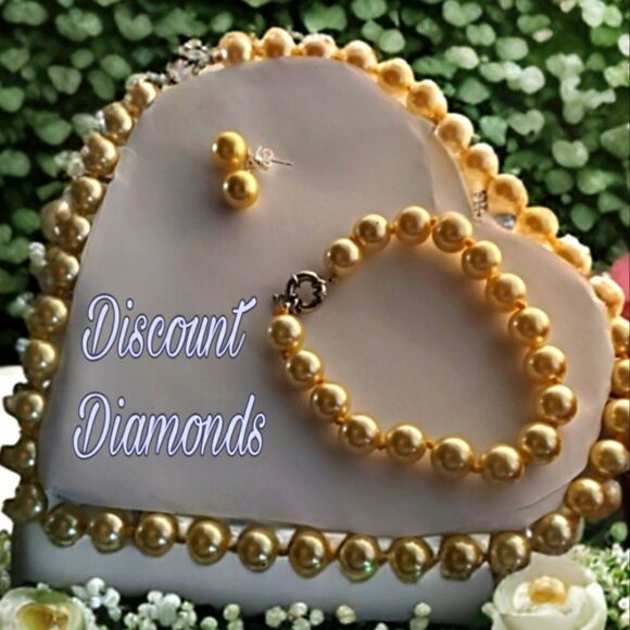 Gold 10mm South Sea Shell Pearl 4 Pc Earrings Bracelet Necklace 925 Clasp - Picture 1 of 5